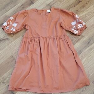 wonder nation Size Large Rust Orange Puff Sleeve Dress with Embroidery Cotton